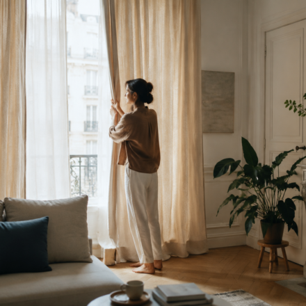 Une femme ouvre de longs rideaux en lin dans un salon contemporain lumineux