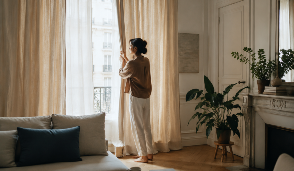 Le retour des rideaux : pourquoi les intérieurs abandonnent-ils peu à peu les fenêtres nues ? Une femme ouvre de longs rideaux en lin dans un salon contemporain lumineux