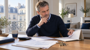 Un propriétaire bailleur consulte son calendrier et ses documents fiscaux pour suivre les acomptes sur ses revenus fonciers
