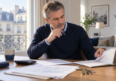 Revenus fonciers et prélèvement à la source : comment fonctionnent les acomptes ? Un propriétaire bailleur consulte son calendrier et ses documents fiscaux pour suivre les acomptes sur ses revenus fonciers