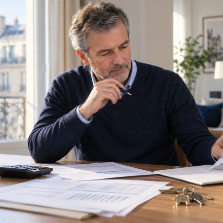 Un propriétaire bailleur consulte son calendrier et ses documents fiscaux pour suivre les acomptes sur ses revenus fonciers