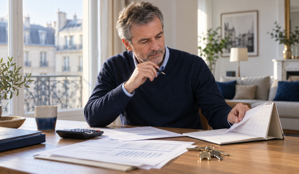 Un propriétaire bailleur consulte son calendrier et ses documents fiscaux pour suivre les acomptes sur ses revenus fonciers