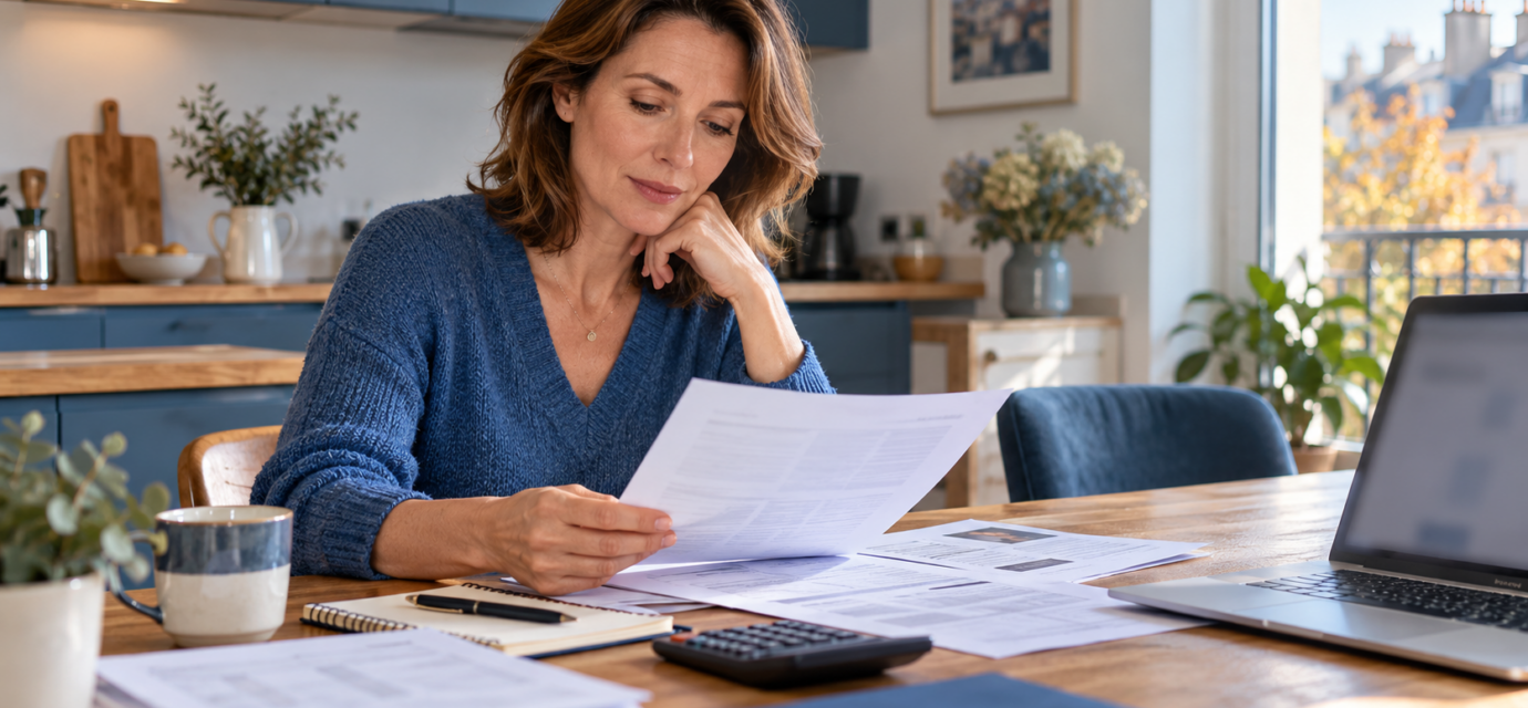 Une propriétaire examine ses documents fiscaux et le budget de son logement locatif