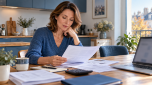 Une propriétaire examine ses documents fiscaux et le budget de son logement locatif