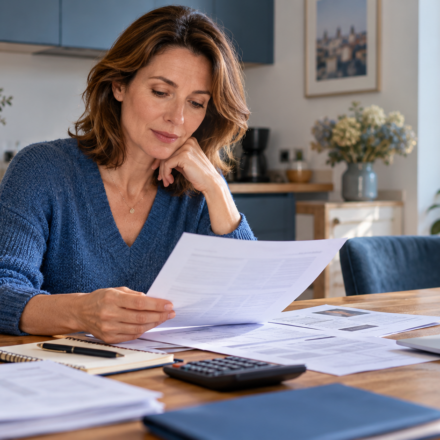 Une propriétaire examine ses documents fiscaux et le budget de son logement locatif