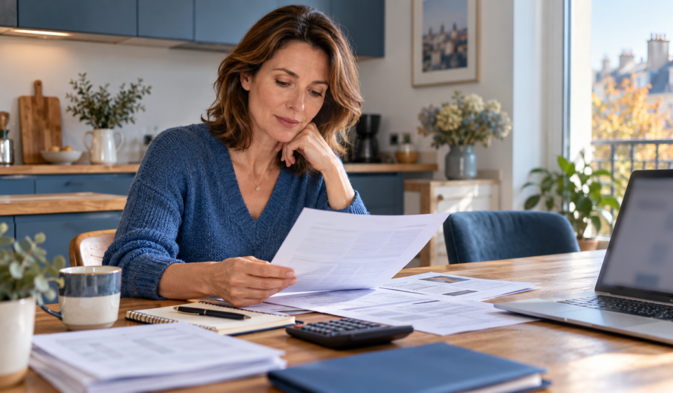 Une propriétaire examine ses documents fiscaux et le budget de son logement locatif