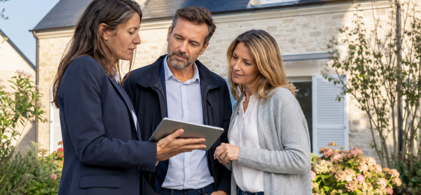Un couple de vendeurs examine l’estimation de sa maison avec une agente immobilière