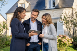 Un couple de vendeurs examine l’estimation de sa maison avec une agente immobilière