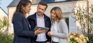 Un couple de vendeurs examine l’estimation de sa maison avec une agente immobilière