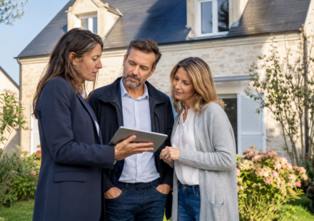 Un couple de vendeurs examine l’estimation de sa maison avec une agente immobilière