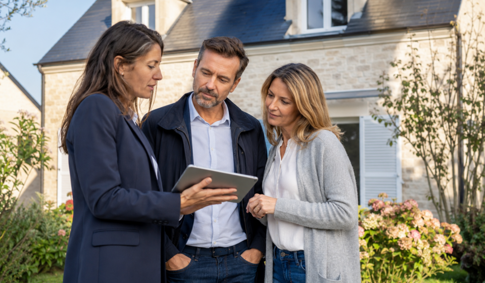 Vendeurs de rentrée : faut-il remettre son bien au même prix qu’avant l’été ? Un couple de vendeurs examine l’estimation de sa maison avec une agente immobilière