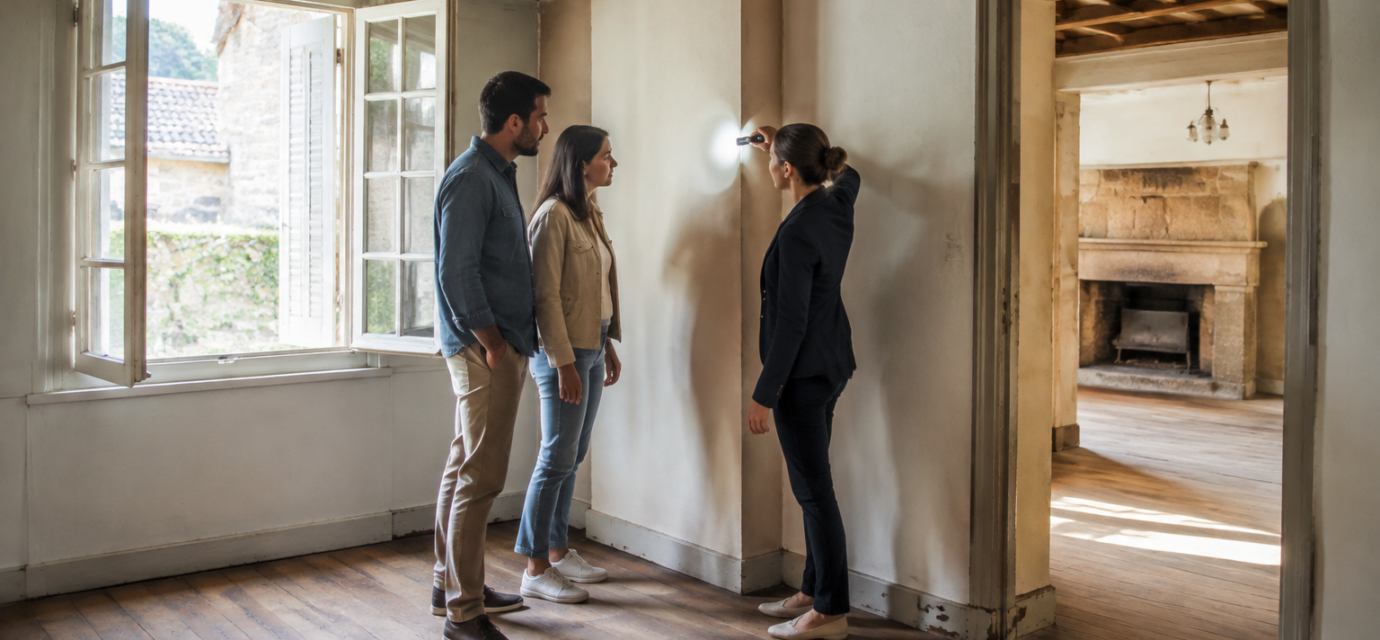 Des acheteurs inspectent un mur dans une maison restée vide plusieurs mois