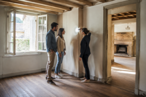 Des acheteurs inspectent un mur dans une maison restée vide plusieurs mois