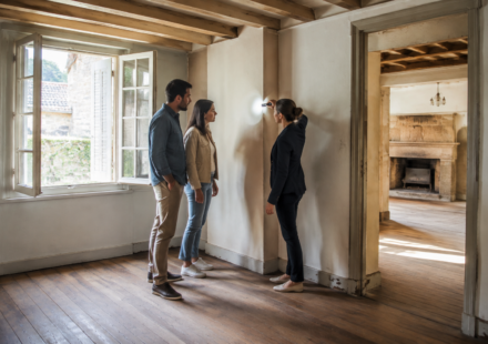 Des acheteurs inspectent un mur dans une maison restée vide plusieurs mois