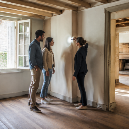 Des acheteurs inspectent un mur dans une maison restée vide plusieurs mois