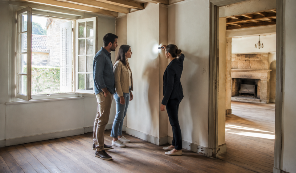 Des acheteurs inspectent un mur dans une maison restée vide plusieurs mois