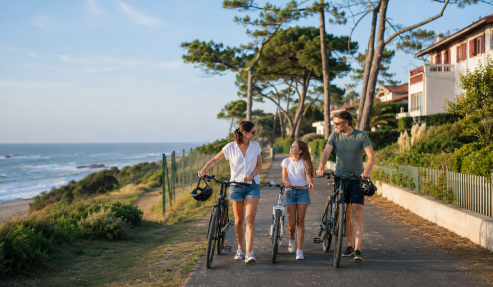 Une famille se promène à vélo près de l’océan et des quartiers résidentiels d’Anglet