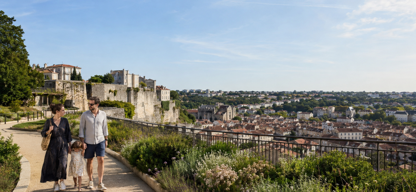 Famille se promenant devant le panorama urbain d’Angoulême