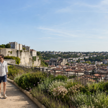 Famille se promenant devant le panorama urbain d’Angoulême
