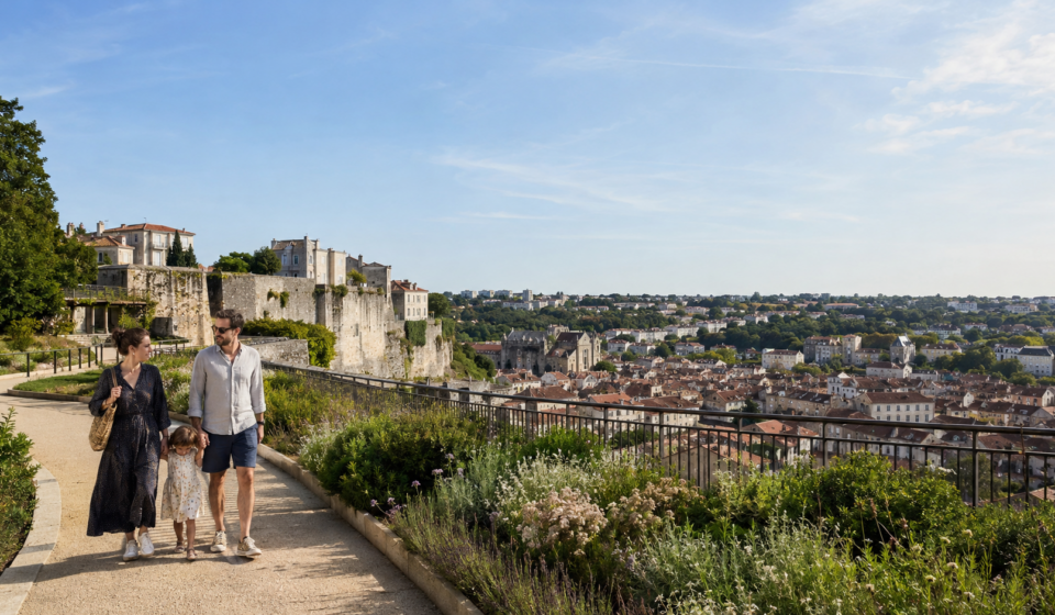 Famille se promenant devant le panorama urbain d’Angoulême