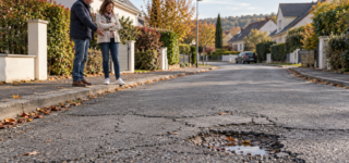 Deux résidents observent un nid-de-poule sur la voirie privée de leur lotissement