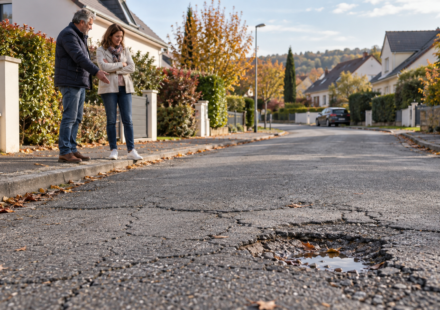 Immobilier lotissement : qui paie lorsque la voirie privée commence à se dégrader ? Deux résidents observent un nid-de-poule sur la voirie privée de leur lotissement