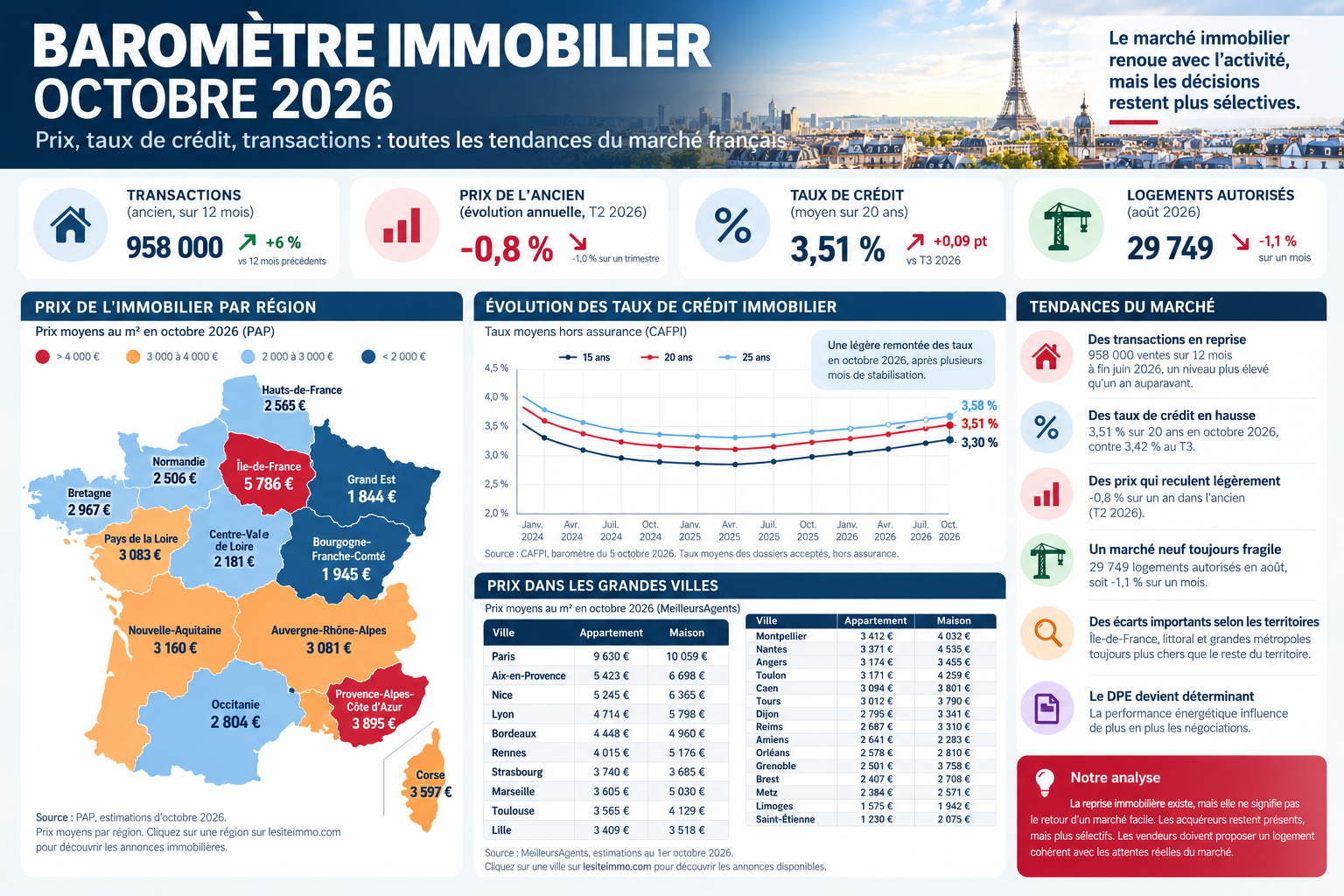 Infographie du baromètre immobilier octobre 2026 : prix immobiliers par région, transactions, taux de crédit et tendances du marché français
