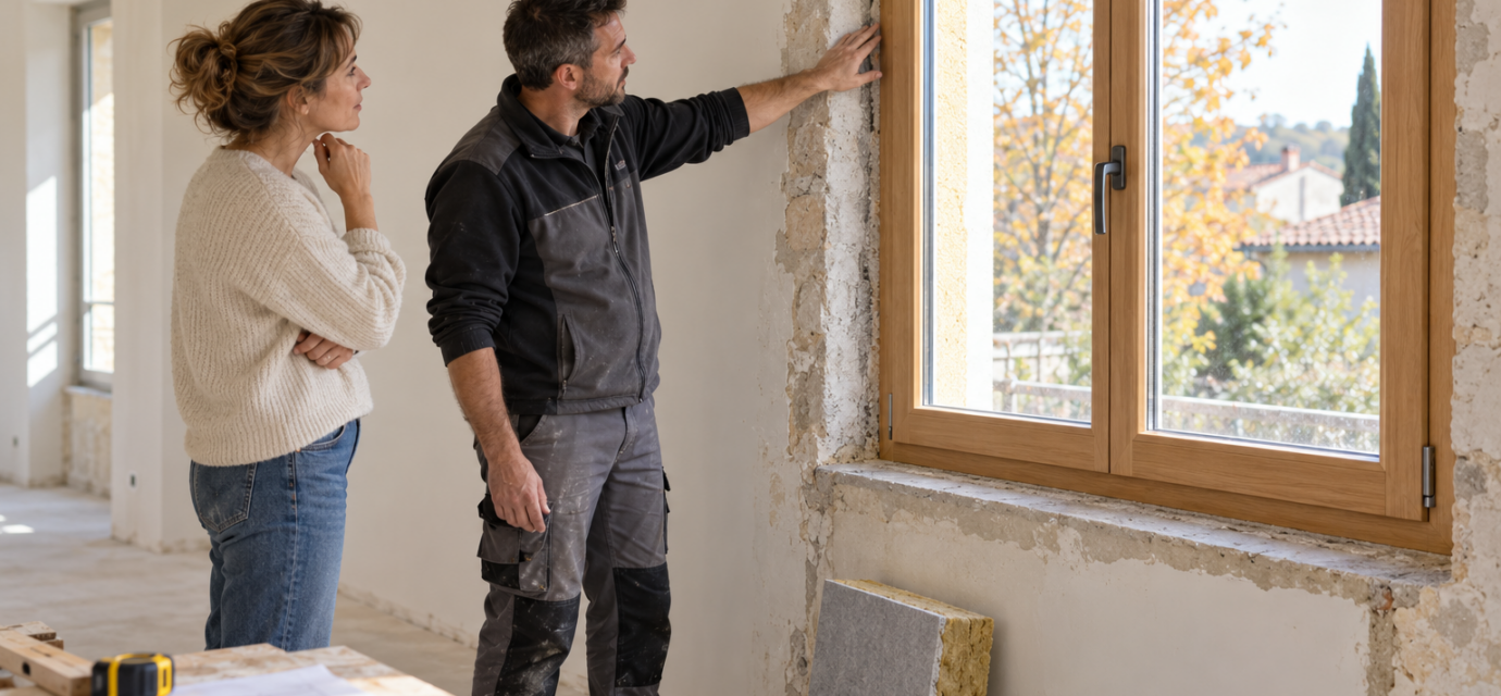 Une propriétaire et un artisan examinent le pourtour d’une fenêtre dans une pièce en rénovation.