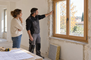 Une propriétaire et un artisan examinent le pourtour d’une fenêtre dans une pièce en rénovation.