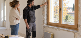 Une propriétaire et un artisan examinent le pourtour d’une fenêtre dans une pièce en rénovation.