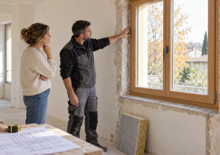 Une propriétaire et un artisan examinent le pourtour d’une fenêtre dans une pièce en rénovation.