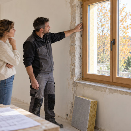 Une propriétaire et un artisan examinent le pourtour d’une fenêtre dans une pièce en rénovation.