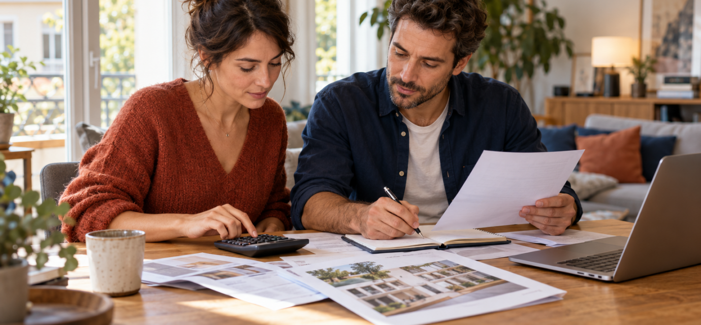Couple calculant son budget d’achat immobilier à l’aide d’une calculatrice et de documents.