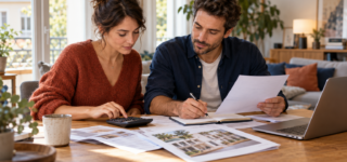 Couple calculant son budget d’achat immobilier à l’aide d’une calculatrice et de documents.