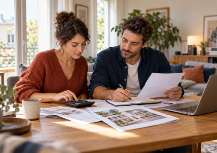 Couple calculant son budget d’achat immobilier à l’aide d’une calculatrice et de documents.