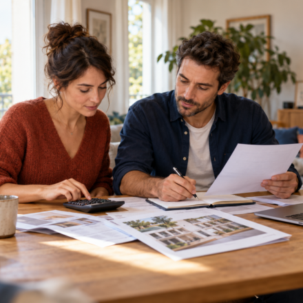 Couple calculant son budget d’achat immobilier à l’aide d’une calculatrice et de documents.