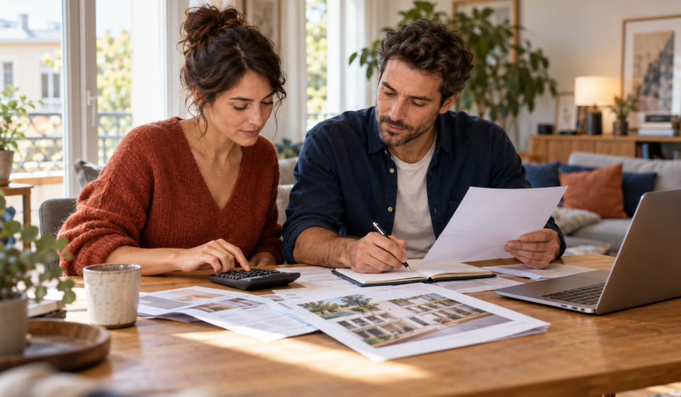 Couple calculant son budget d’achat immobilier à l’aide d’une calculatrice et de documents.