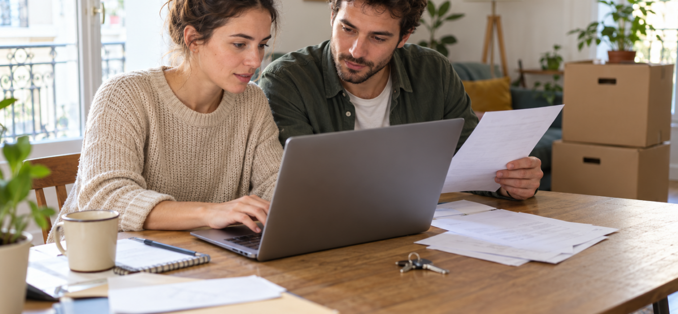 Un couple consulte un ordinateur et des documents à une table, avec des cartons de déménagement en arrière-plan.