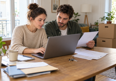 Un couple consulte un ordinateur et des documents à une table, avec des cartons de déménagement en arrière-plan.