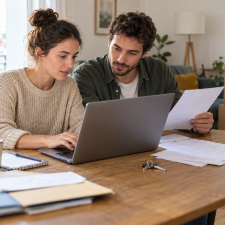 Aides au logement : quels changements déclarer pour éviter un trop-perçu ? Un couple consulte un ordinateur et des documents à une table, avec des cartons de déménagement en arrière-plan.