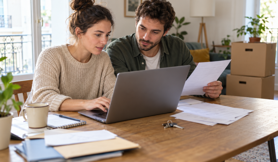 Aides au logement : quels changements déclarer pour éviter un trop-perçu ? Un couple consulte un ordinateur et des documents à une table, avec des cartons de déménagement en arrière-plan.