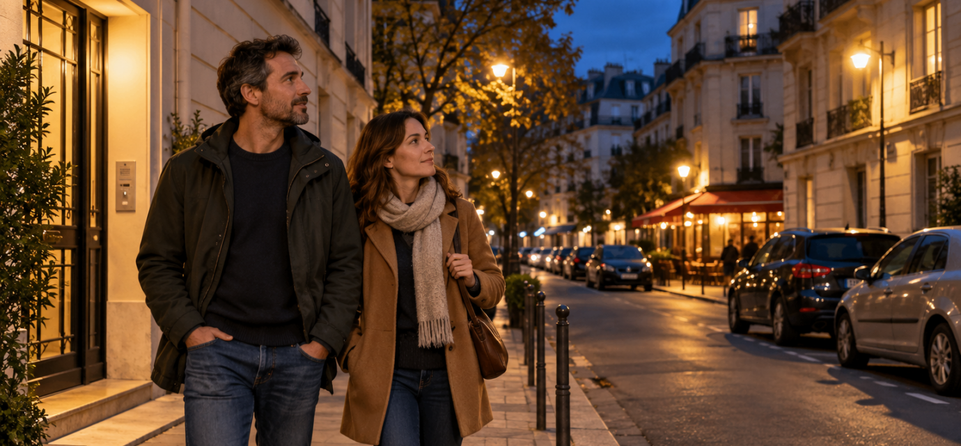 Visite après la tombée du jour : que révèle-t-elle sur le quartier ? Un couple observe une rue résidentielle éclairée après la tombée du jour