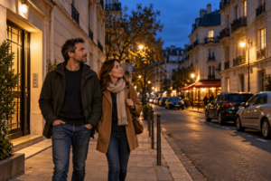 Un couple observe une rue résidentielle éclairée après la tombée du jour