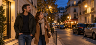 Un couple observe une rue résidentielle éclairée après la tombée du jour