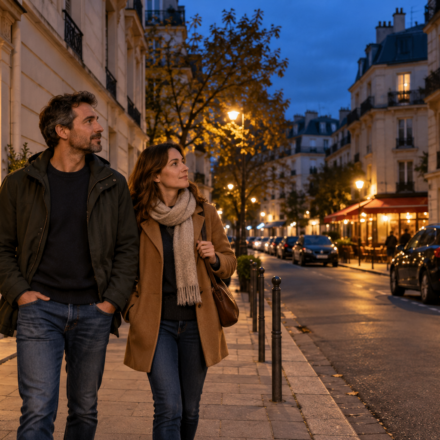 Visite après la tombée du jour : que révèle-t-elle sur le quartier ? Un couple observe une rue résidentielle éclairée après la tombée du jour