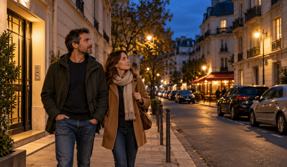 Un couple observe une rue résidentielle éclairée après la tombée du jour
