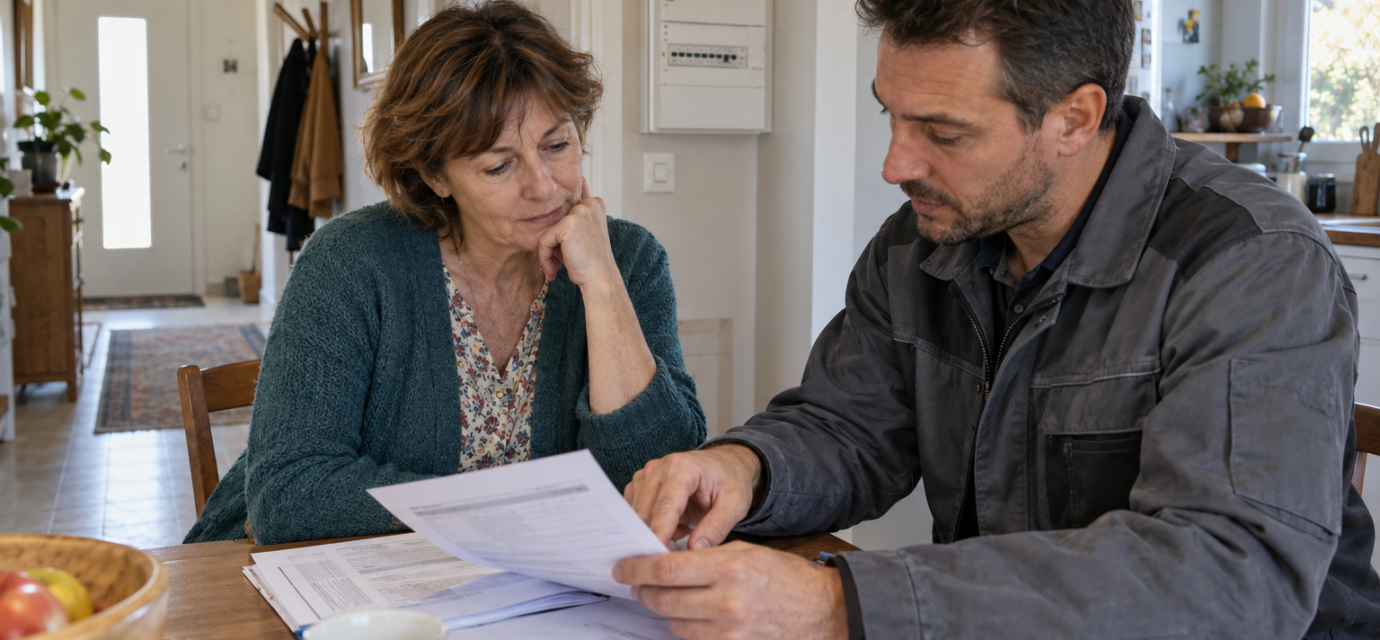 Une propriétaire et un professionnel examinent un rapport à une table, avec un tableau électrique en arrière-plan.