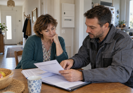 Une propriétaire et un professionnel examinent un rapport à une table, avec un tableau électrique en arrière-plan.