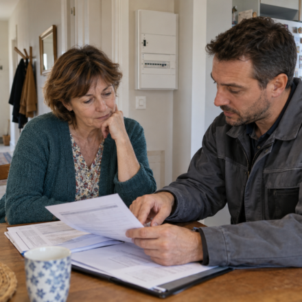 Diagnostic électrique et anomalies: faut-il intervenir avant la vente ? Une propriétaire et un professionnel examinent un rapport à une table, avec un tableau électrique en arrière-plan.
