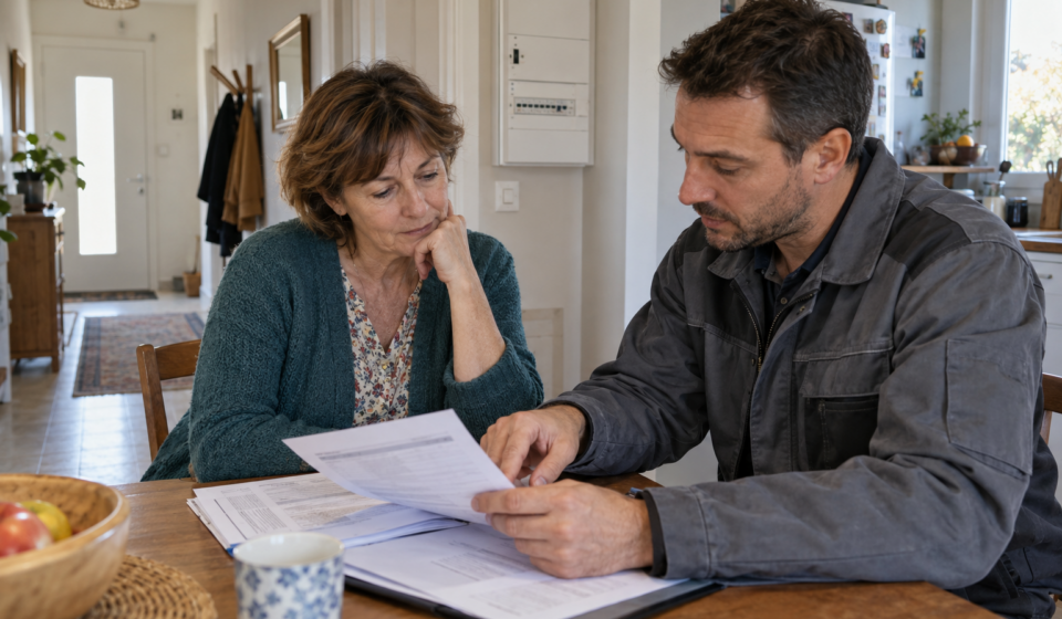 Une propriétaire et un professionnel examinent un rapport à une table, avec un tableau électrique en arrière-plan.